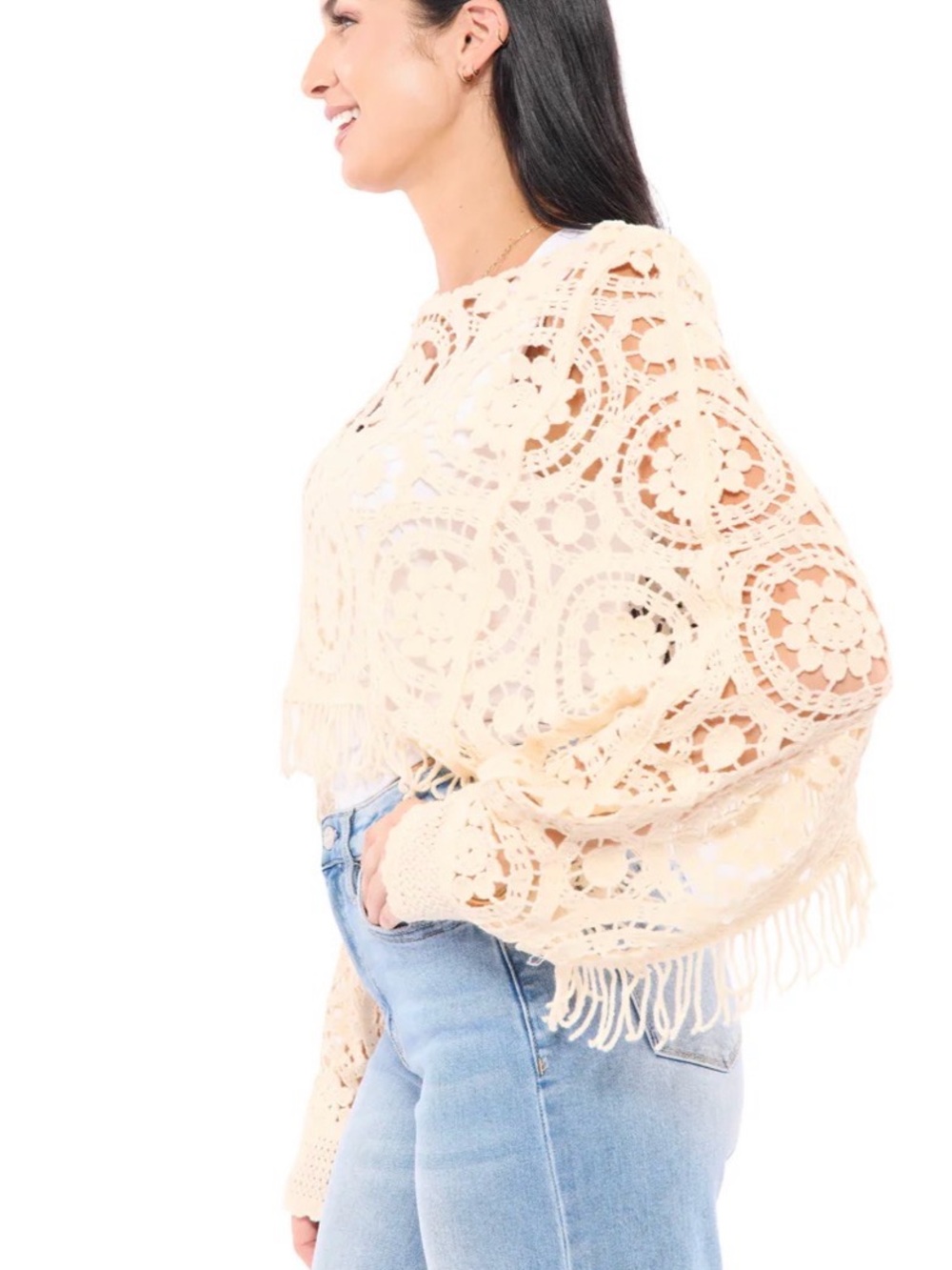 Bibi Crochet Fringe Cream Sweater Top - Women size large - Picture 3 of 5
